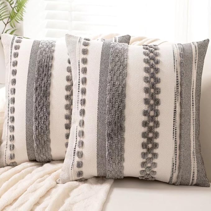 WANLIRD Boho Throw Pillow Covers 18x18 – Set of 2, Gray Striped Chenille