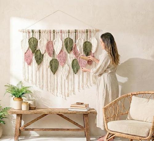 WOODSTICK Large Macrame Wall Hanging – 52"W x 31"L Boho Leaf Tapestry